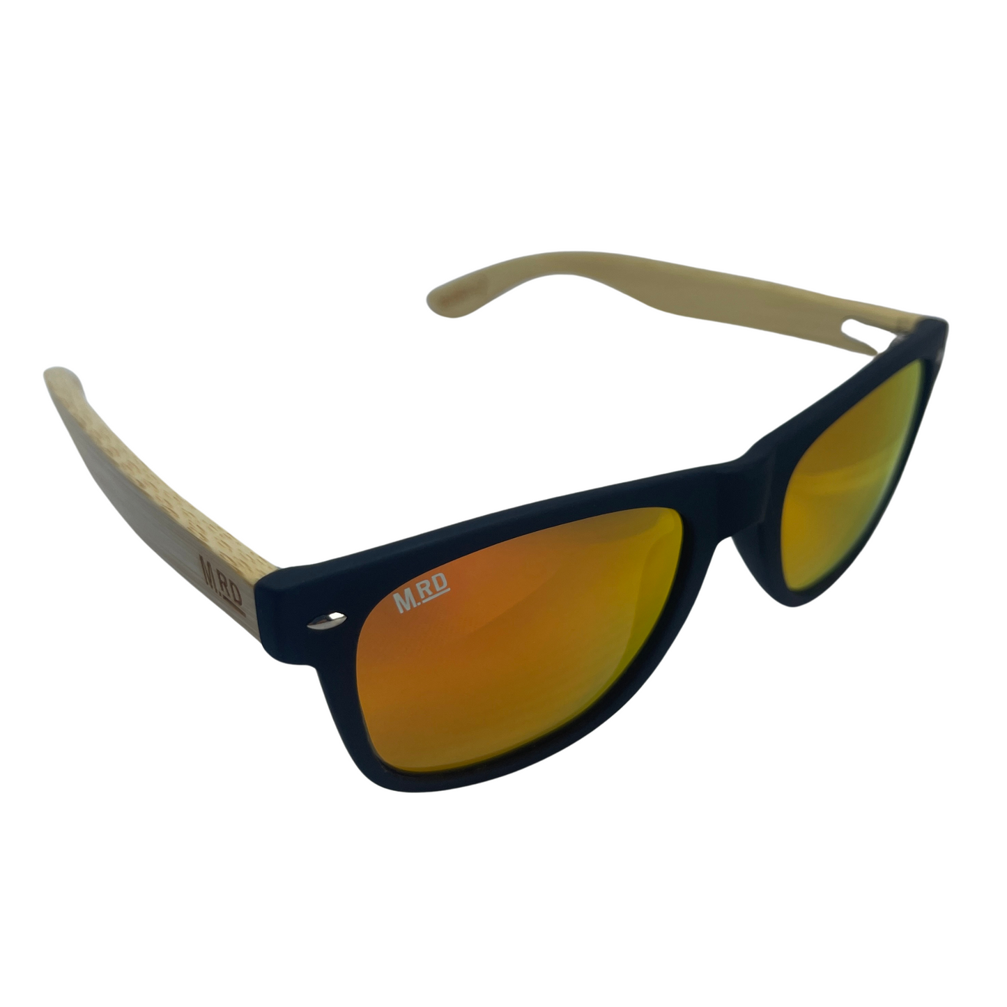 Sunglasses with wooden arms, black frames and reflective lenses.