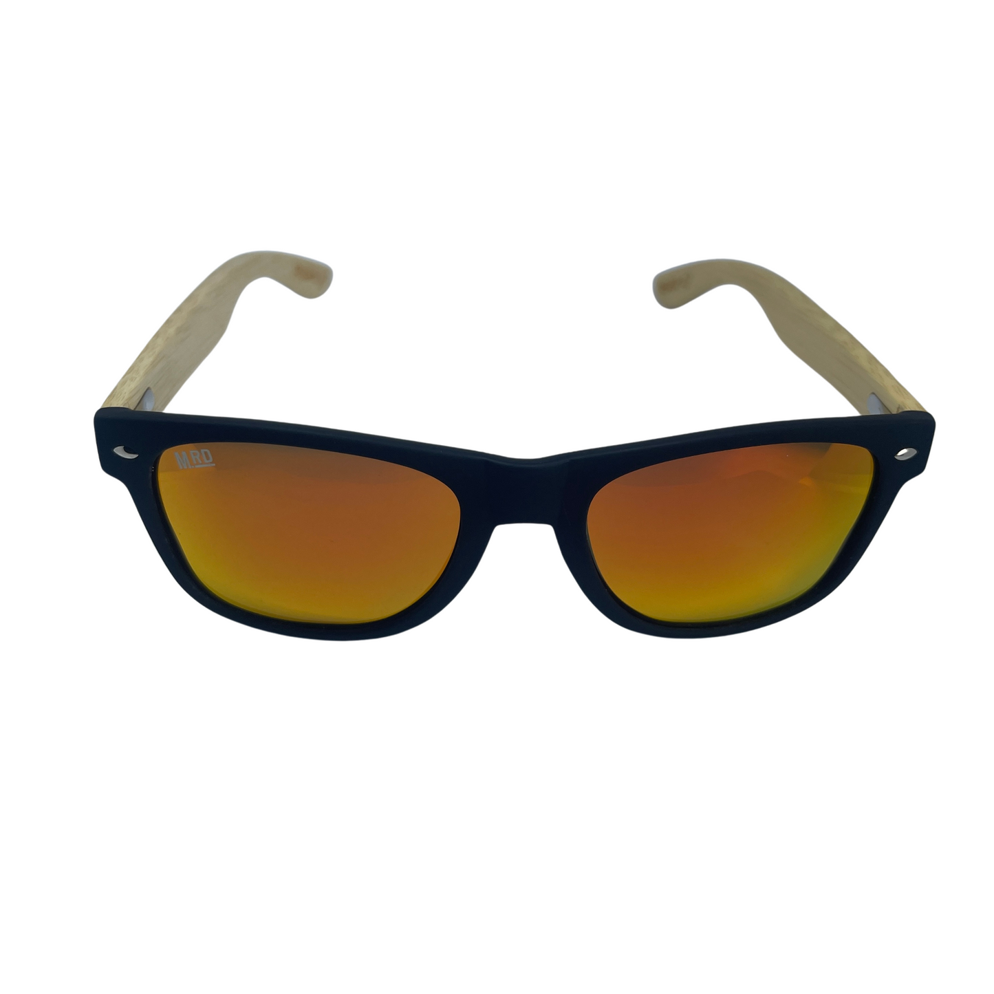Sunglasses with wooden arms, black frames and reflective lenses.