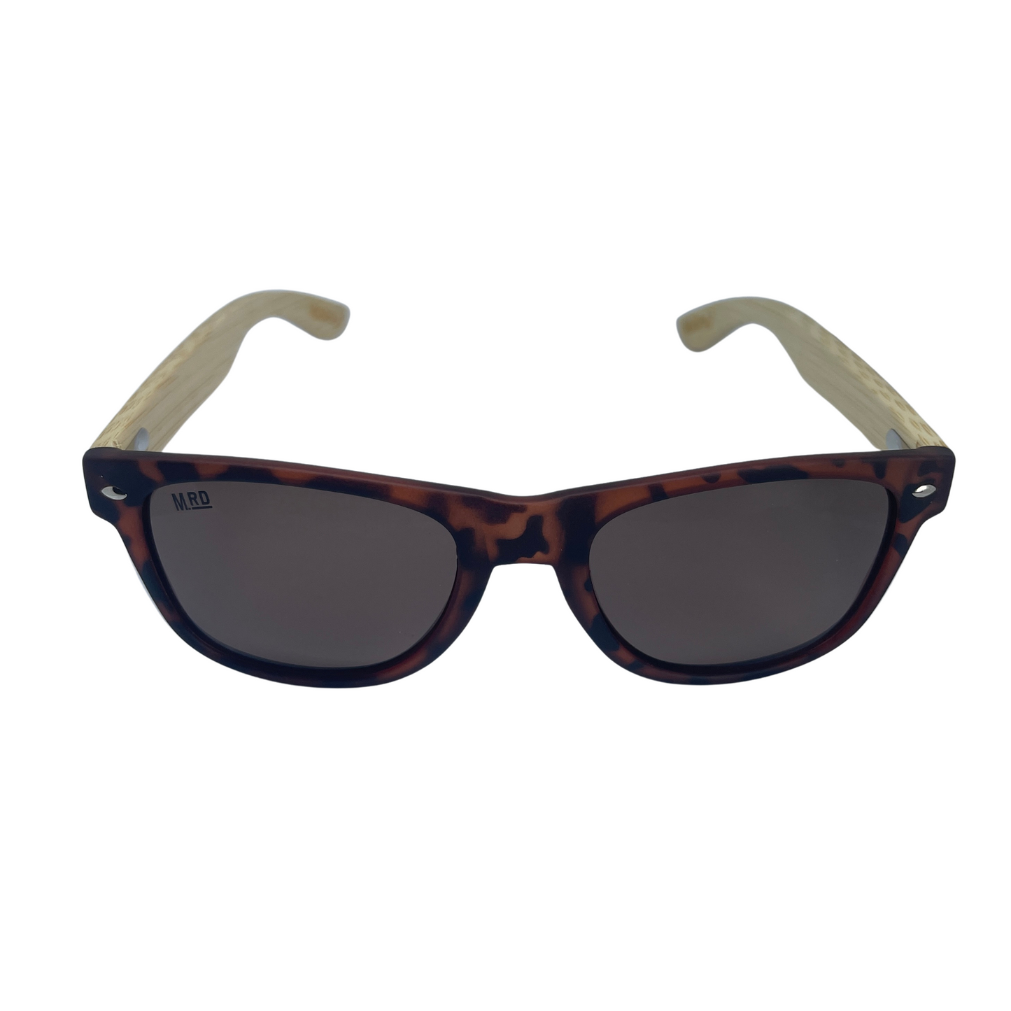 Sunglasses with brown tortoiseshell frames and wooden arms.