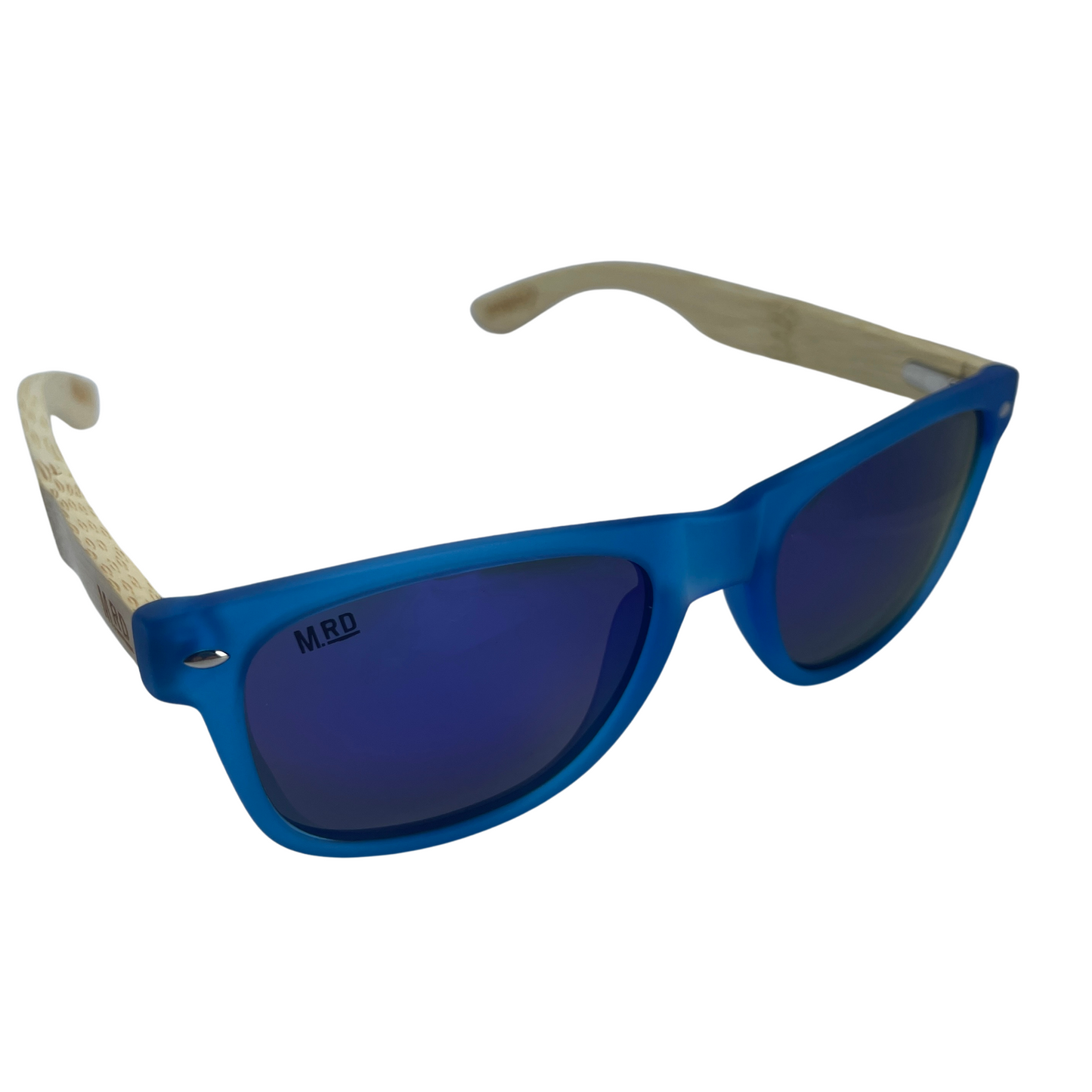 Sunglasses with wooden arms, blue frames and blue reflective lenses.