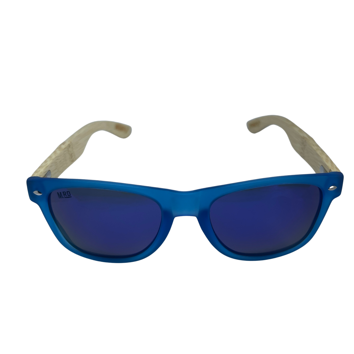Sunglasses with wooden arms, blue frames and blue reflective lenses.