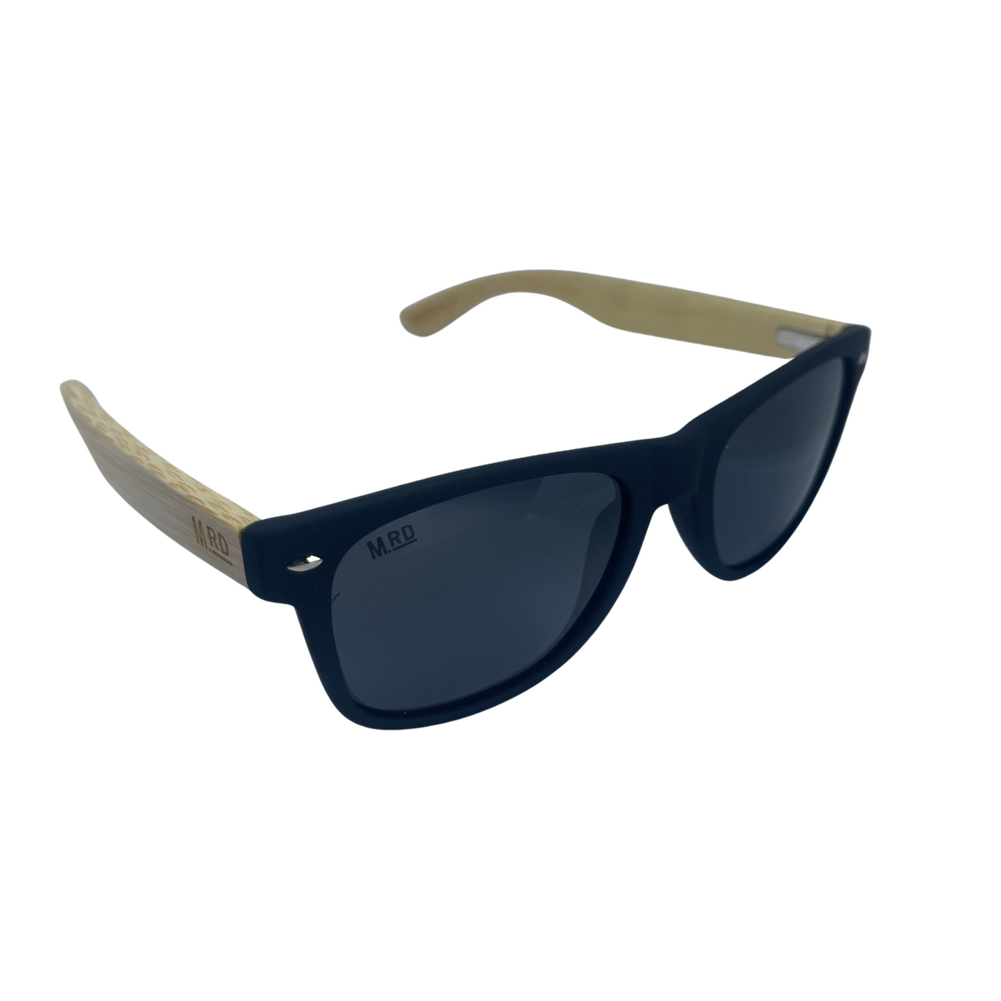 Sunglasses with wooden arms, black frames and dark lenses.
