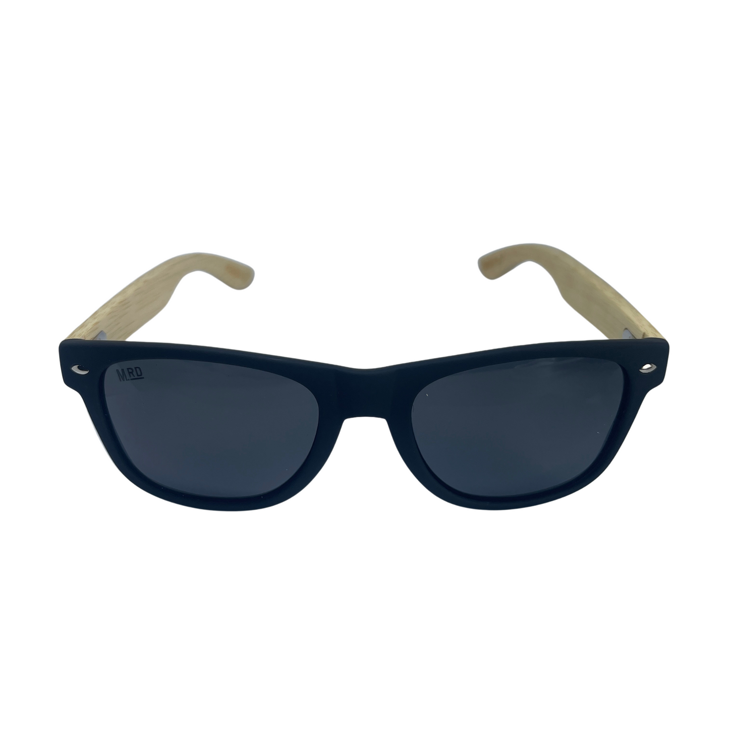 Sunglasses with wooden arms, black frames and dark lenses.