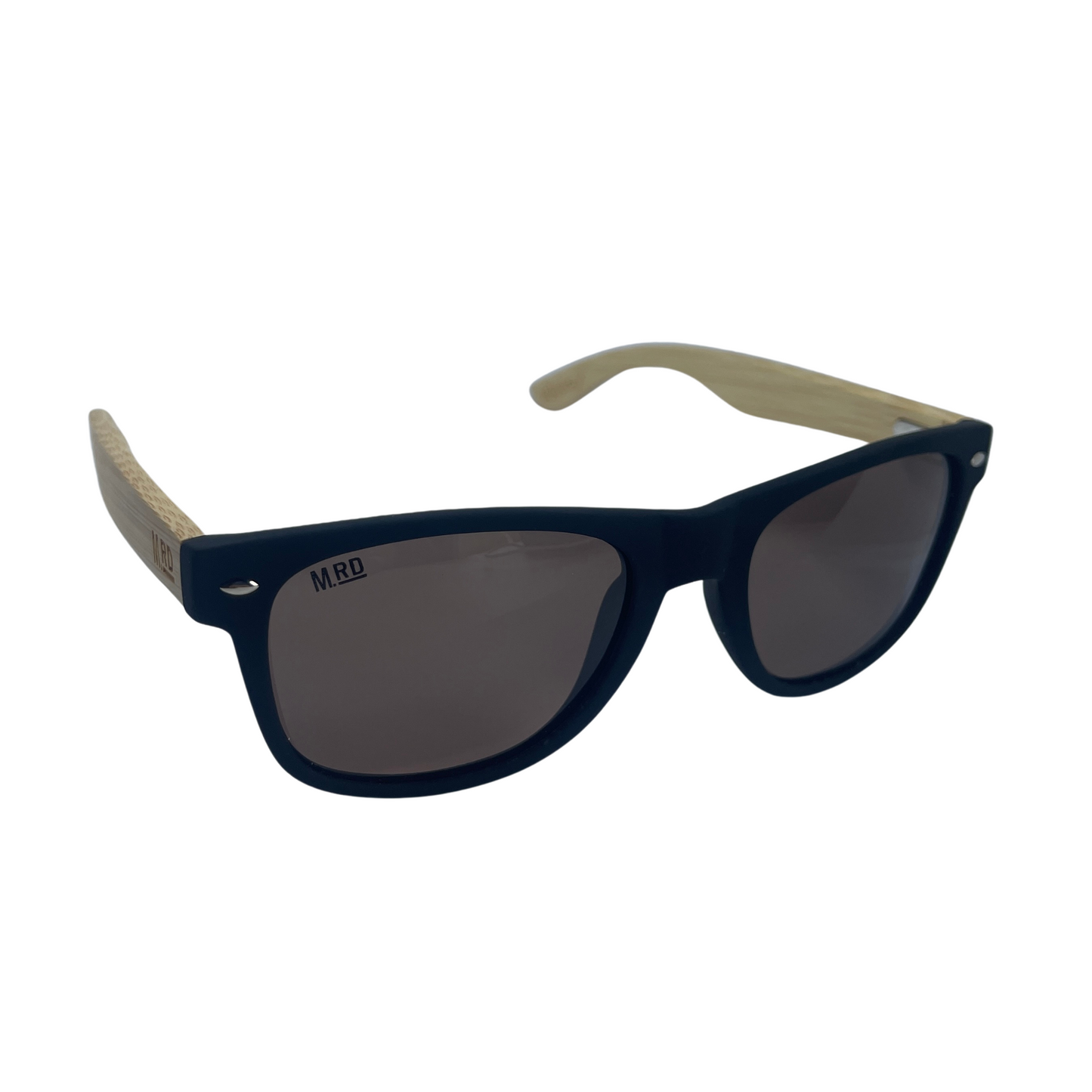 Sunglasses with wooden arms, black frames and brown lenses.