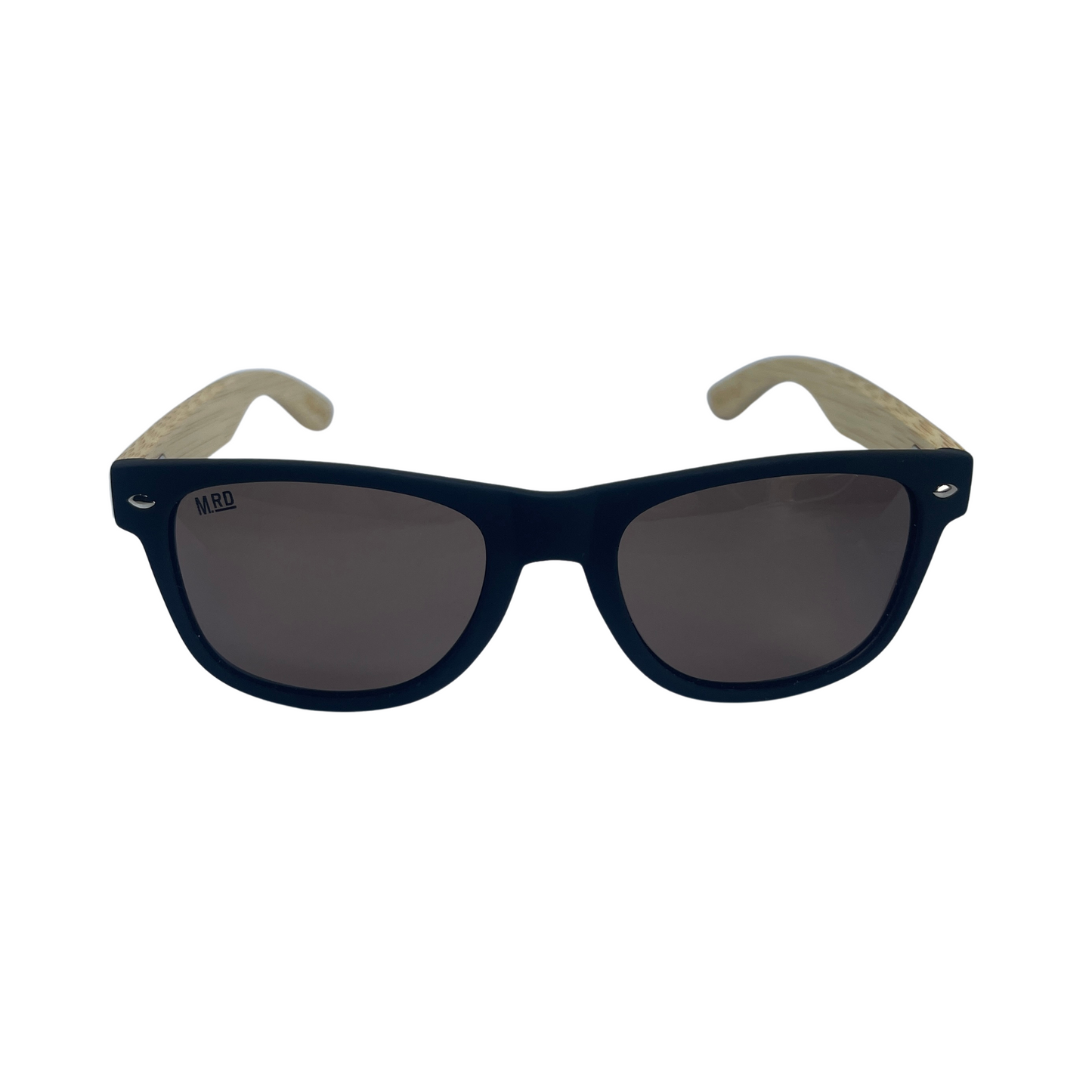 Sunglasses with wooden arms, black frames and brown lenses.