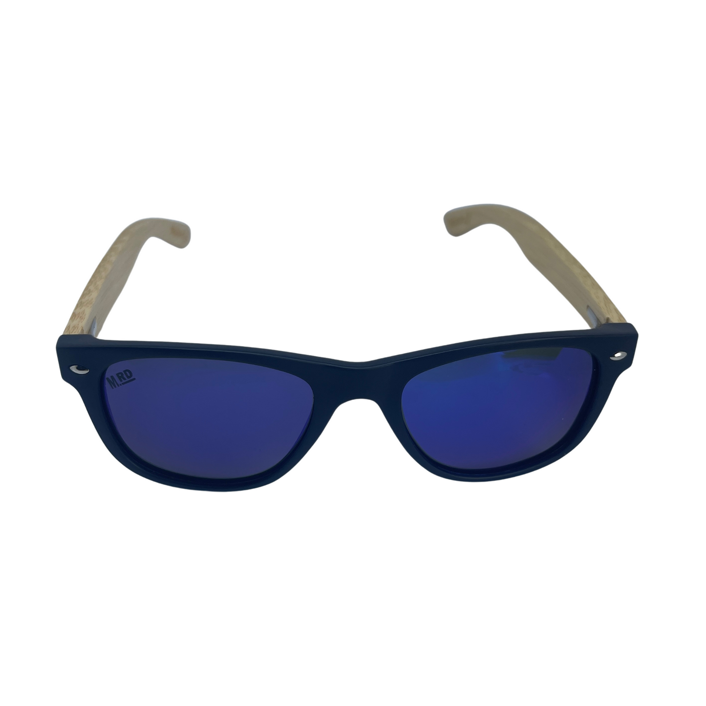 Kids sunglasses with Navy blue frames, blue lenses and wooden arms.