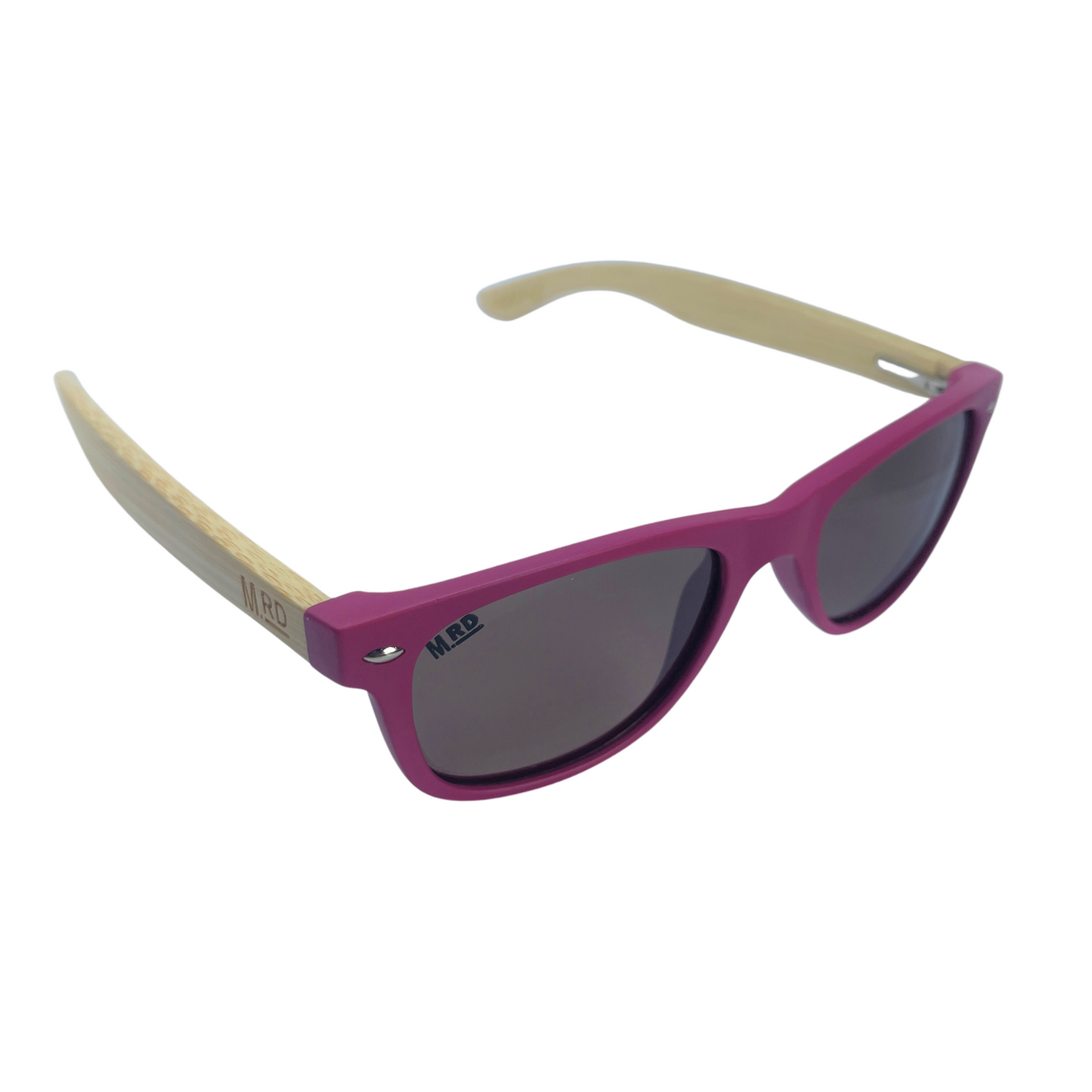 Kids sunglasses with pink frame and wooden arms.