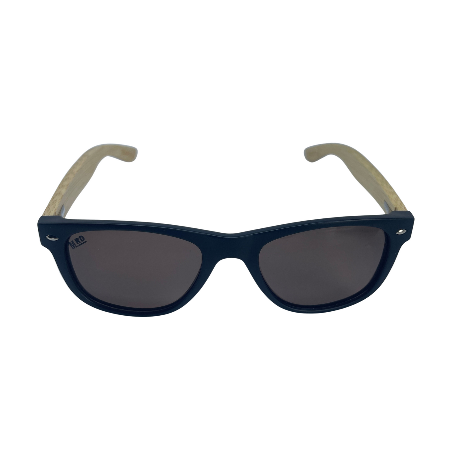Kids sunglasses with black frame and wood arms.