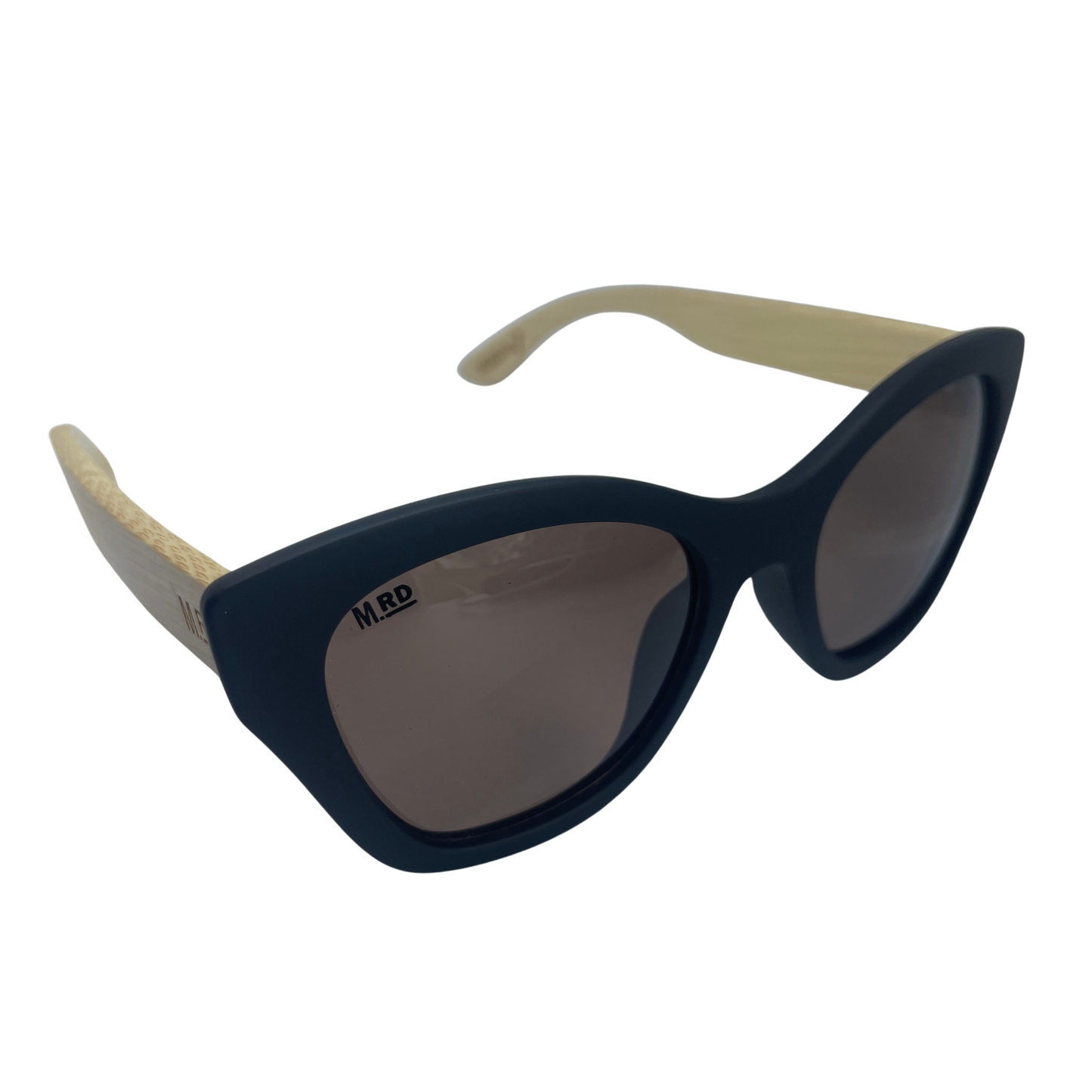 Womens sunglasses with black frames and wooden arms, in an Audrey Hepburn style.