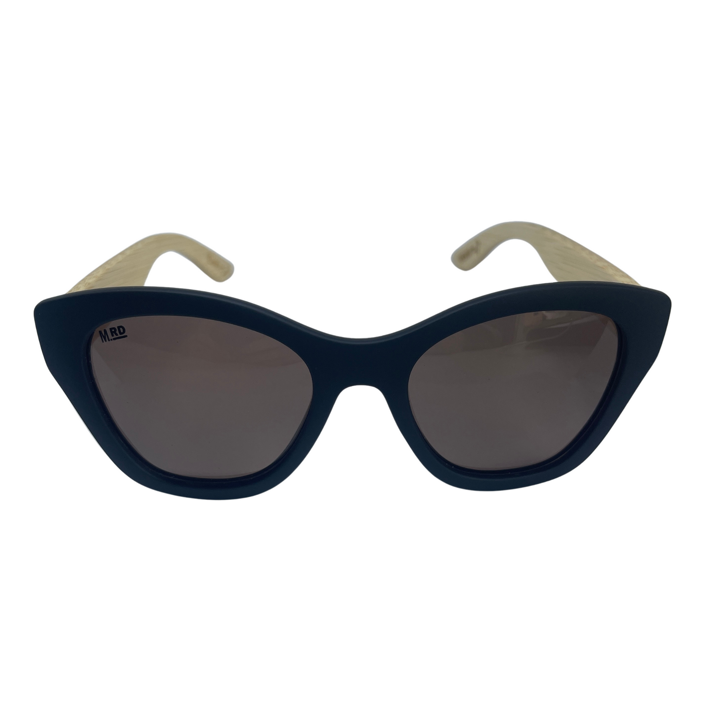 Womens sunglasses with black frames and wooden arms, in an Audrey Hepburn style.