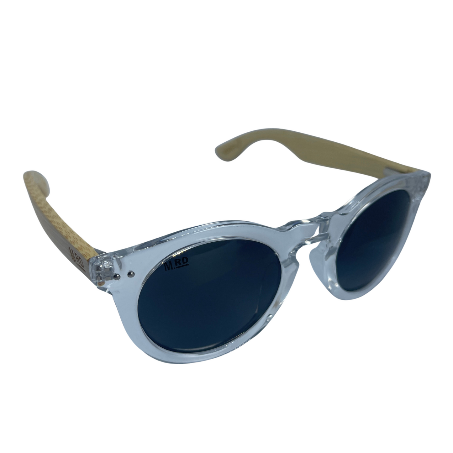 Womens sunglasses with clear frames and bamboo arms in a Grace Kelly style.