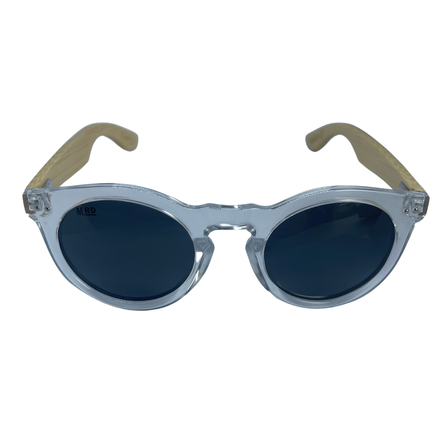 Womens sunglasses with clear frames and bamboo arms in a Grace Kelly style.