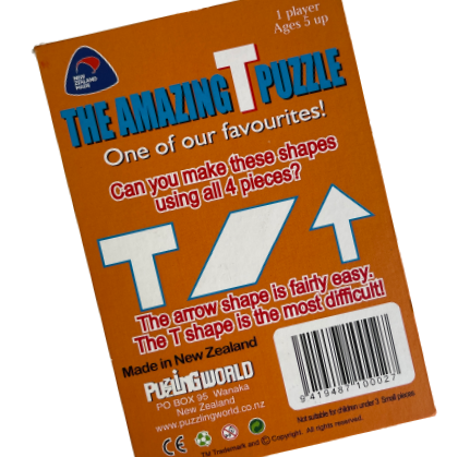 The amazing T puzzle instruction card.