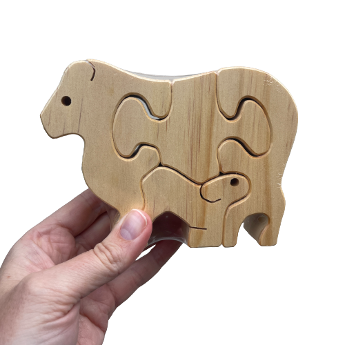 Natural wooden sheep puzzle with mum and baby sheep.