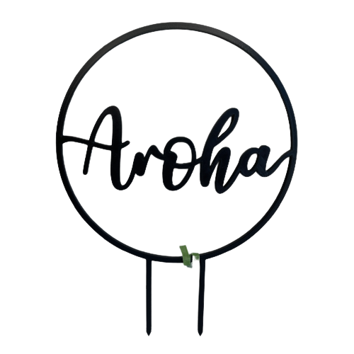 Hoop plant climbing frame with the word Aroha in the middle.
