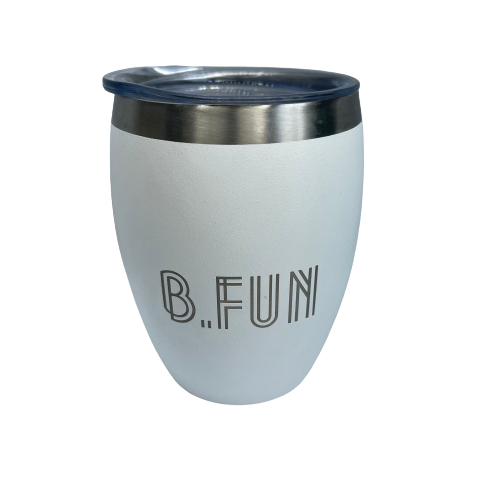 White stainless coffee mug with B.FUN engraved into it.