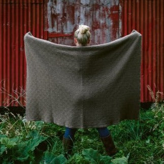 Brown wool knit blanket with basket weave pattern.