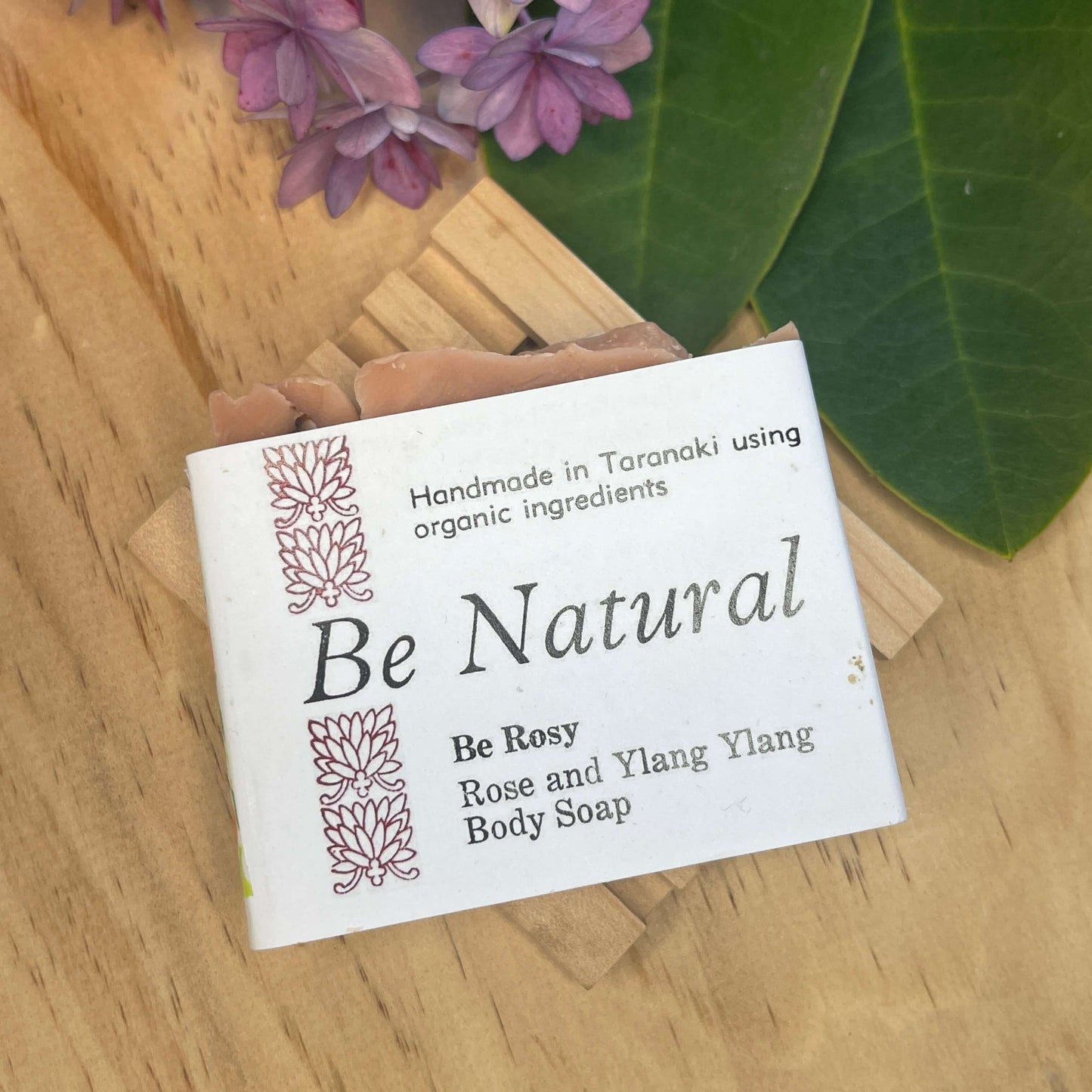 Natural soap on a wooden soap rack.
