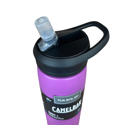 Stainless steel camelbak drink bottle in magenta pink.