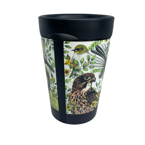 Black reusable coffee cup wrapped with beautiful drawings of New Zealand birds.
