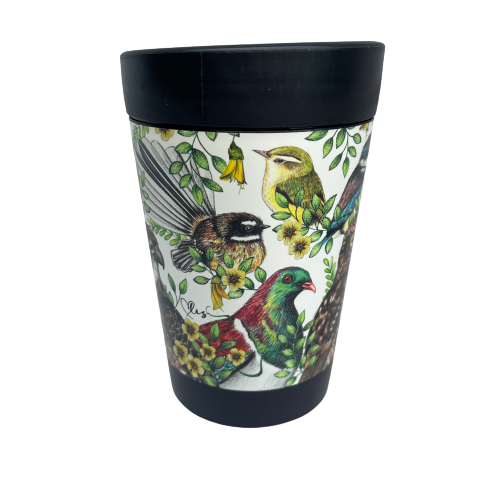 Black reusable coffee cup wrapped with beautiful drawings of New Zealand birds.