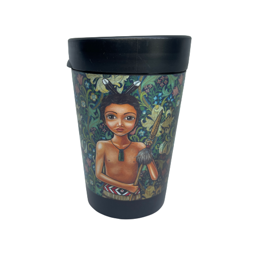 Black reusable coffee cup featuring a floral wrap and featuring an artists image of a young Māori boy holding a spear.
