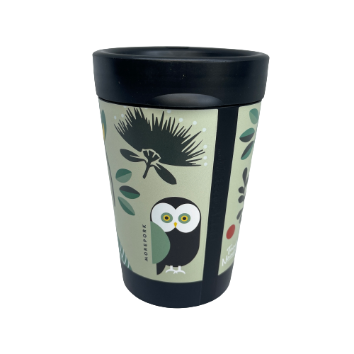 Black reusable coffee cup featuring New Zealand birds in a cartoon style on a minty green wrap background.
