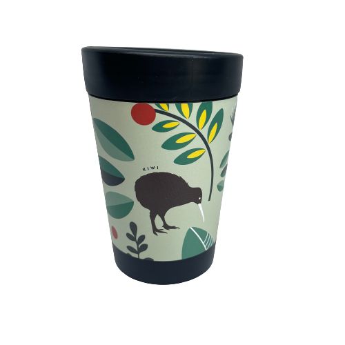 Black reusable coffee cup featuring New Zealand birds in a cartoon style on a minty green wrap background.