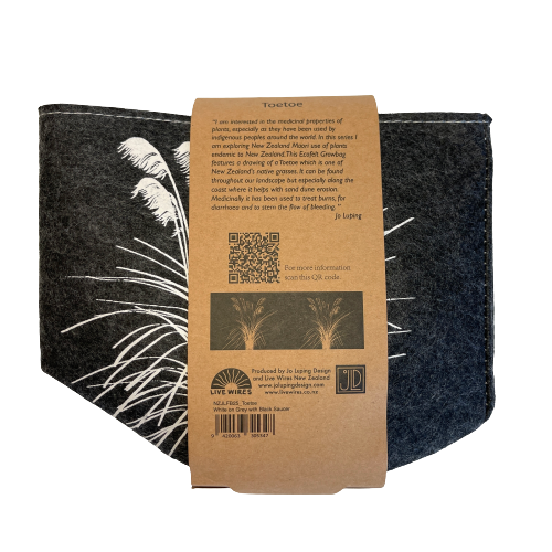 Dark grey felt planter with white toetoe plant printed on it sitting in a grey saucer. flat packed and wrapped with kraft paper.