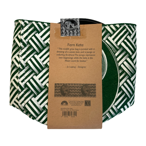 Green felt plant pot with white kete and ponga design, flat packed and wrapped with kraft paper.