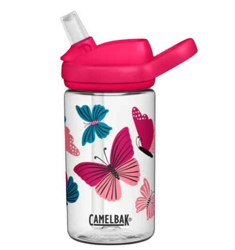 Pink and blue butterfly print drink bottle by camelbak.