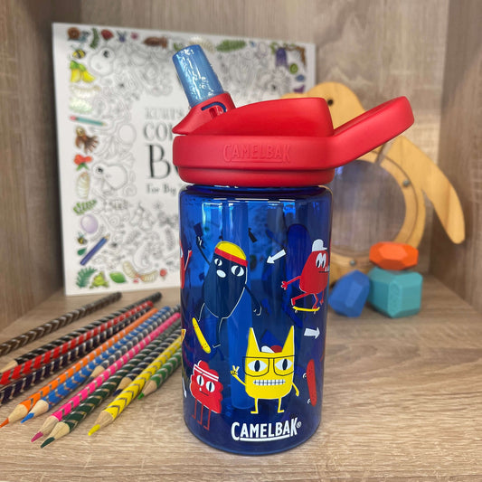 Blue, red and yellow kids drink bottle with skateboarding monster print.