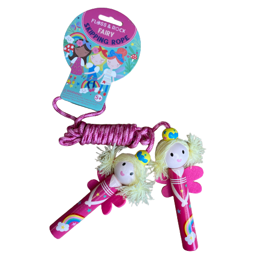 Pink skipping rope with wooden fairy handles.
