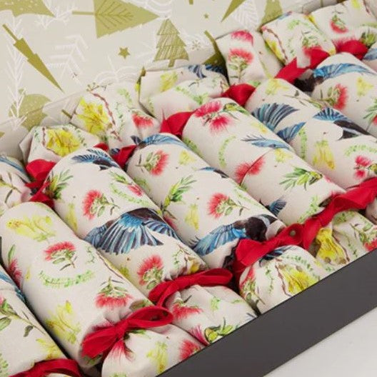 Reusable christmas crackers in a flora fauna print.