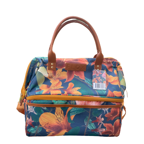 Large navy and orange floral fabric cooler bag.