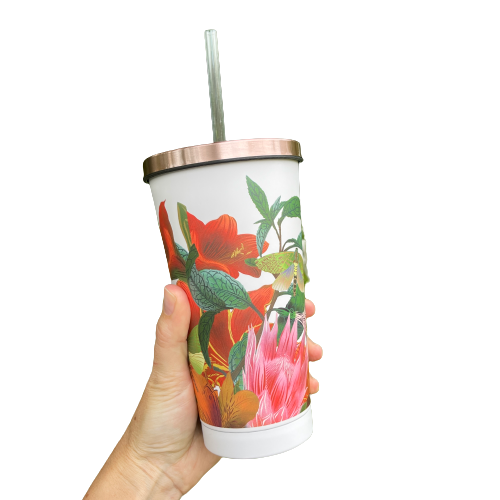 Stainless steel smoothie cup with rose gold lid and straw. Featuring a floral design by artist Flox.