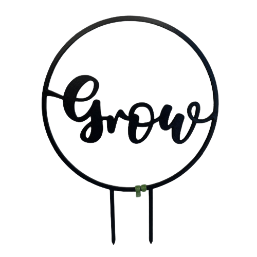 Hoop plant climbing frame with the word grow in the middle.
