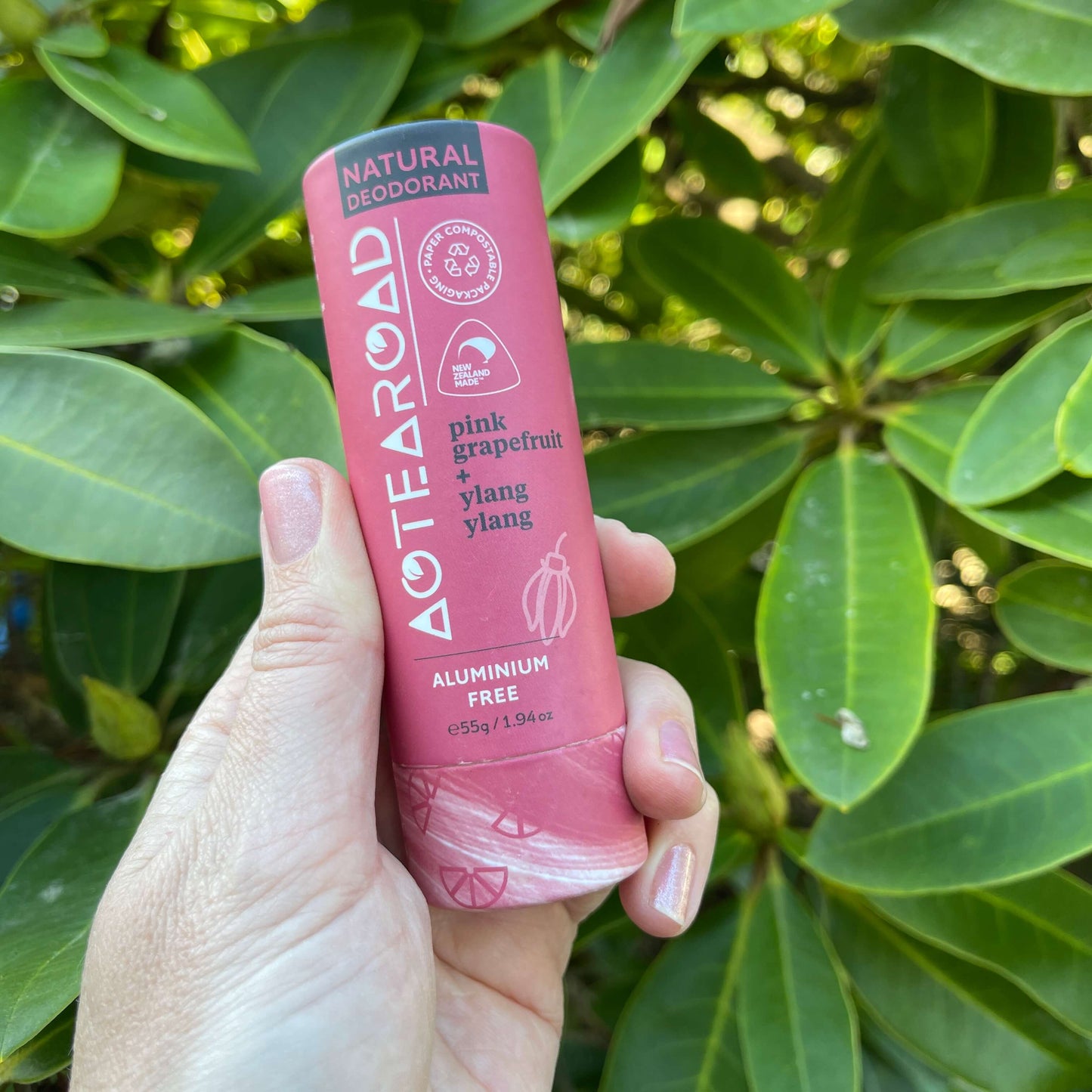 Natural deodorant stick in pink grapefruit and ylang ylang scent by Aotea Road.