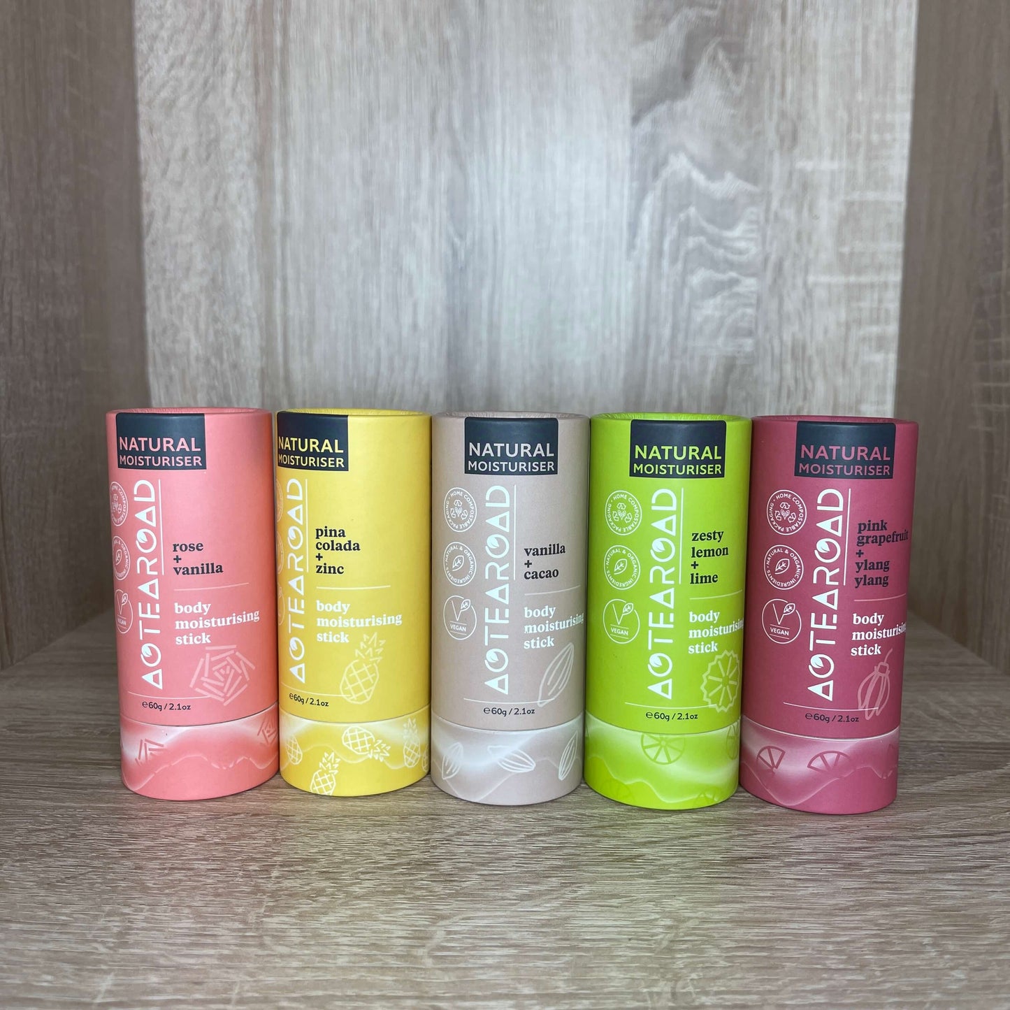 Line up of body moisture sticks by aotearoad.