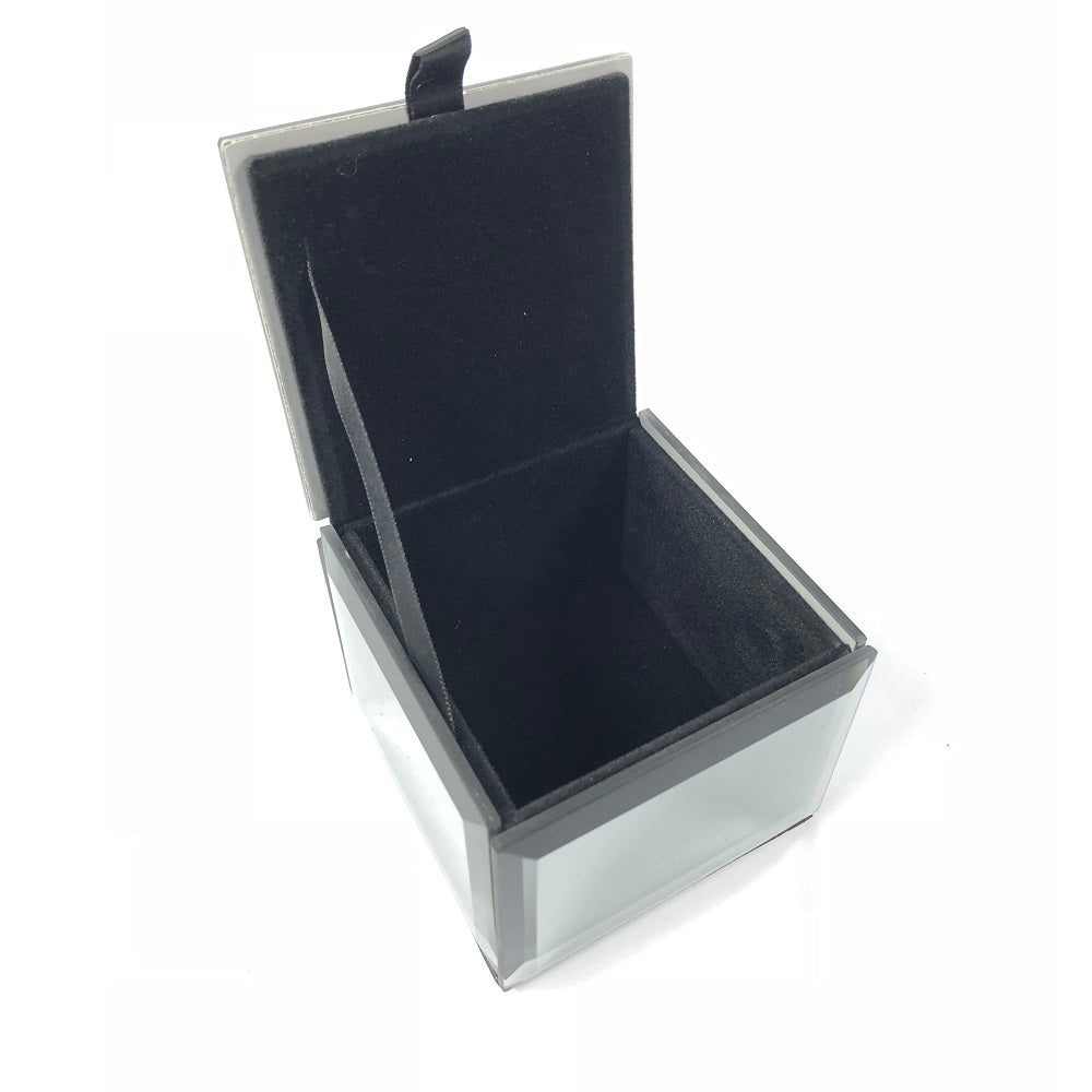 Inside on a trinket box, lined with black velvet feel fabric.