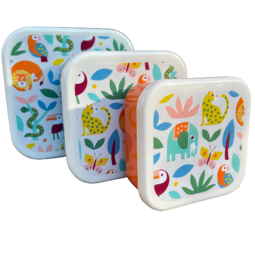 Trio of snack boxes featuring jungle animals on the lids.