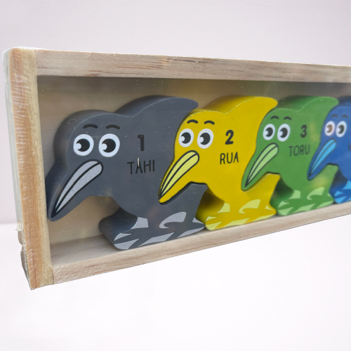 Wooden kiwi number and colours puzzle for kids.