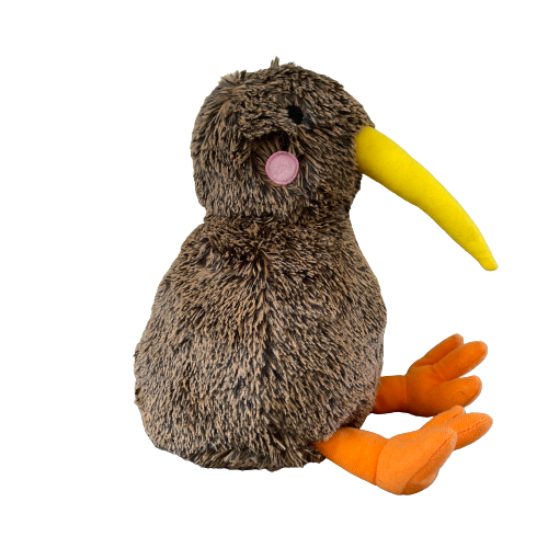 Soft toy Kiwi bird in brown with yellow beak and orange feet.