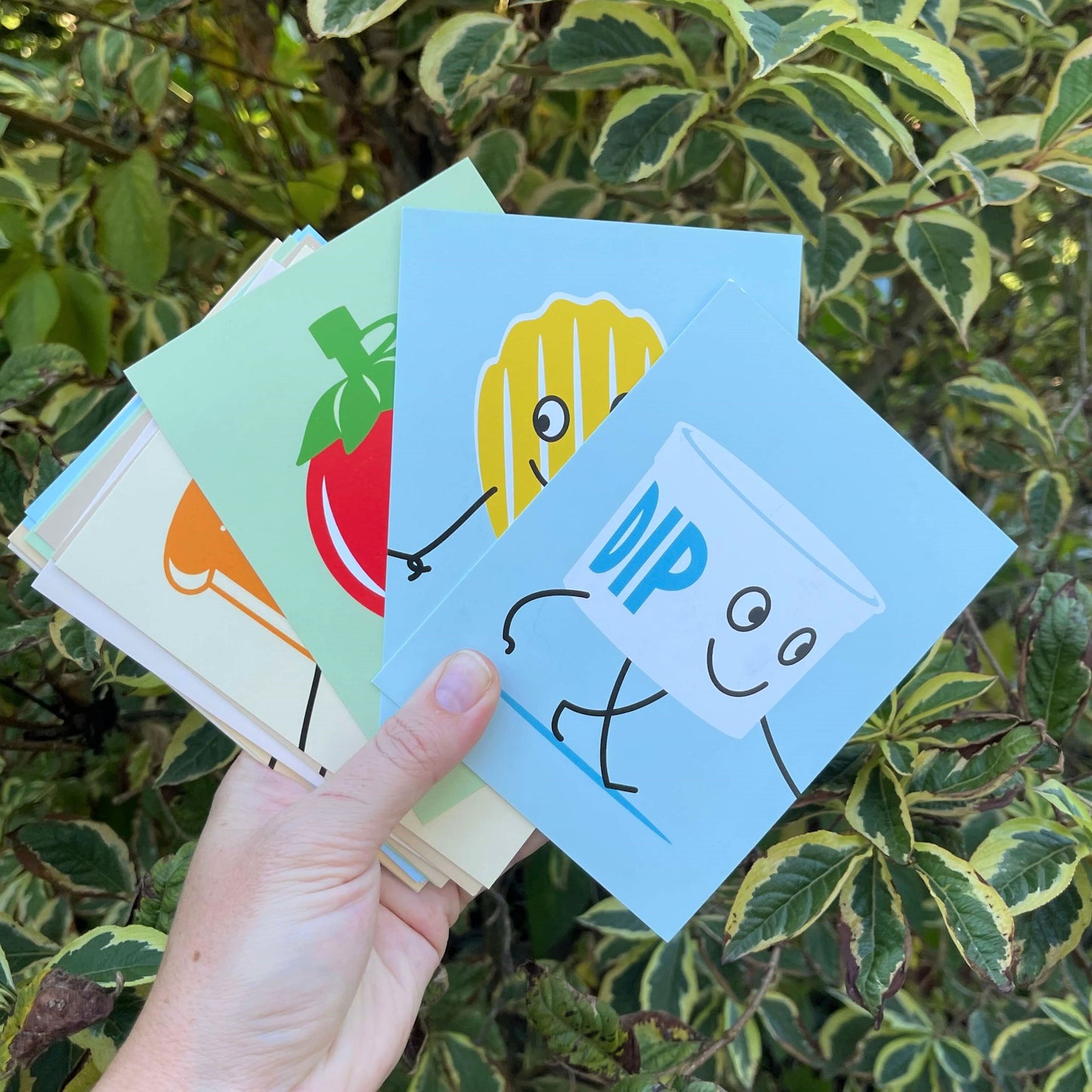 Women's hand holding cards for a New Zealand themed memory game.