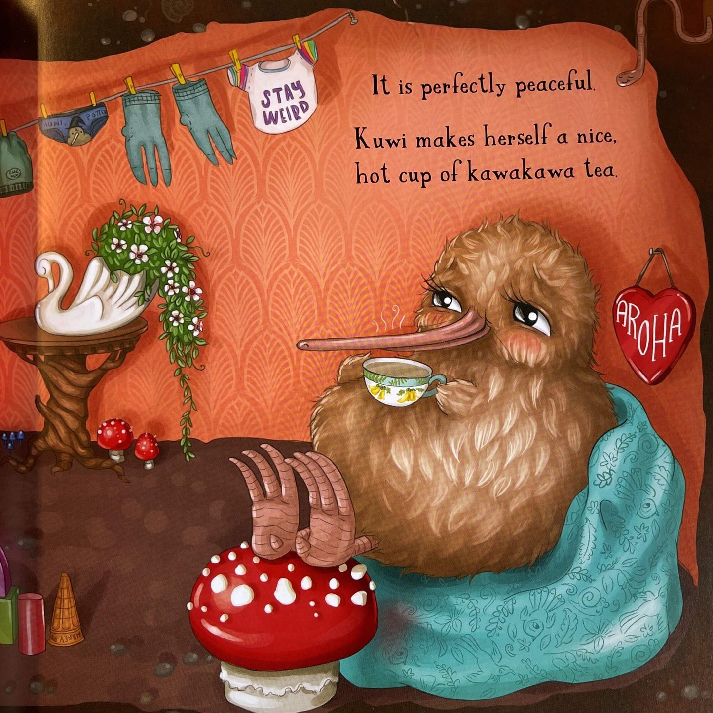Page from Childrens book Kuwis Rowdy Crowd by Kat Quin.