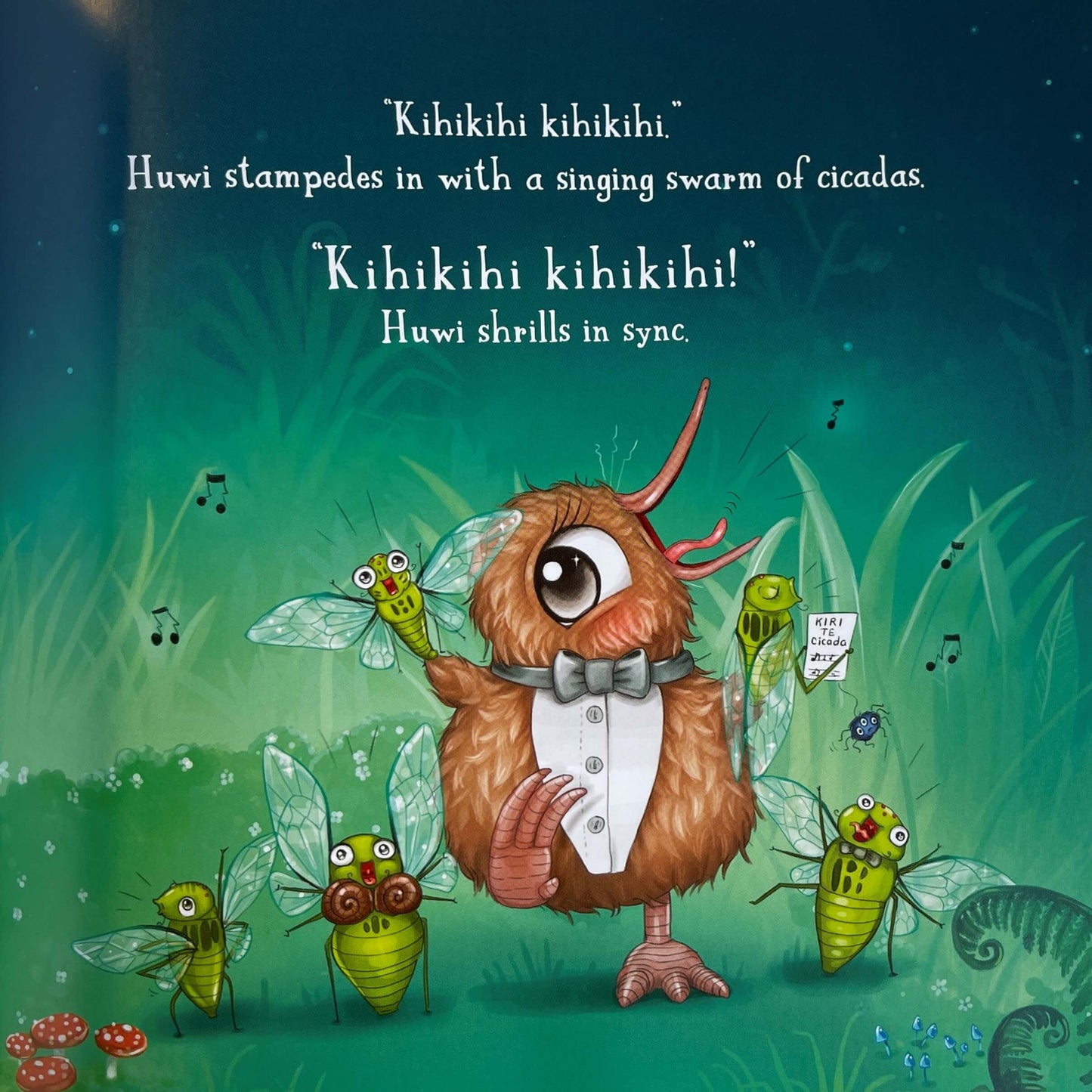 Page from Childrens book Kuwis Rowdy Crowd by Kat Quin.