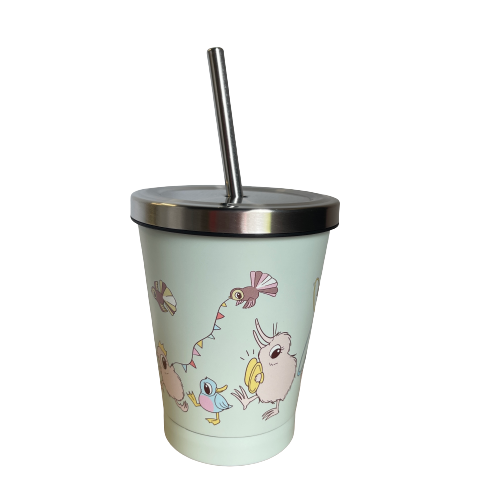 Kuwi and friends character smoothie cup with stainless lid and straw.