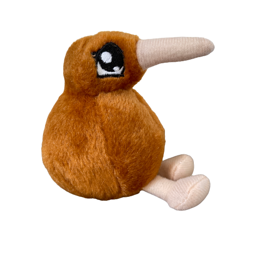 Mini kiwi plush toy in light brown with beige beak and feet.