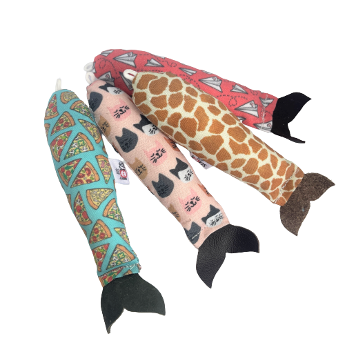Cat toys in the shape of a fish.