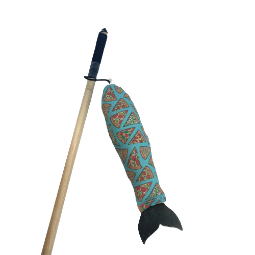 Cat toy fish and fishing rod.